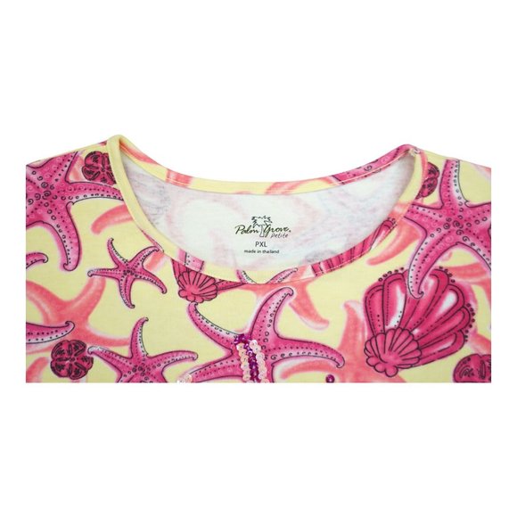 PALM GROVE KNIT TOP SHIRT SIZE PXL PETITES PINK YELLOW STARFISH SHELLS SEQUINS - Picture 4 of 4